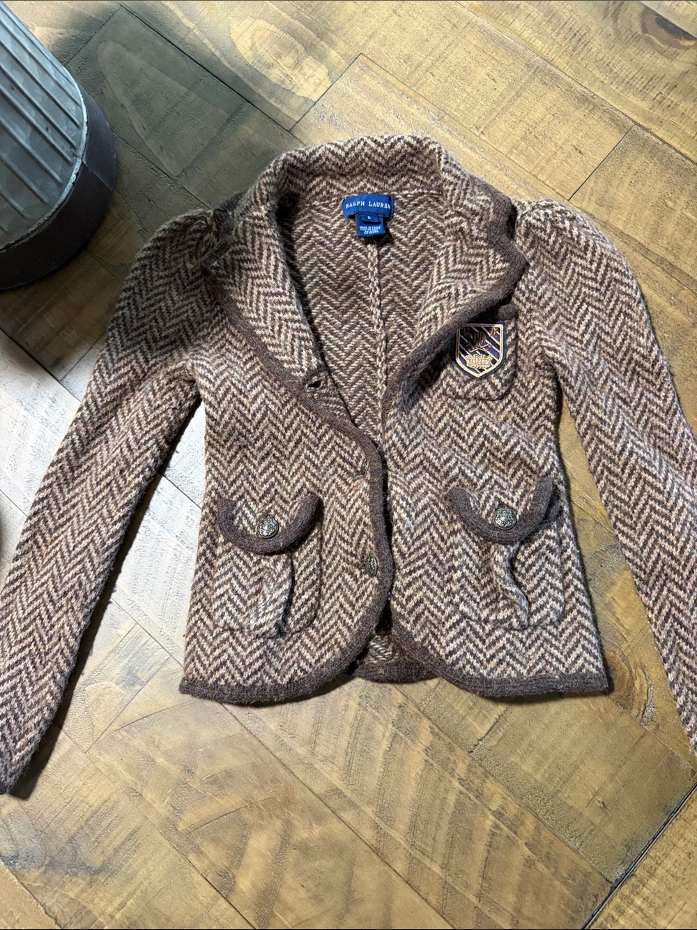 Ralph Lauren Brown Herringbone Girls Blazer with Crest